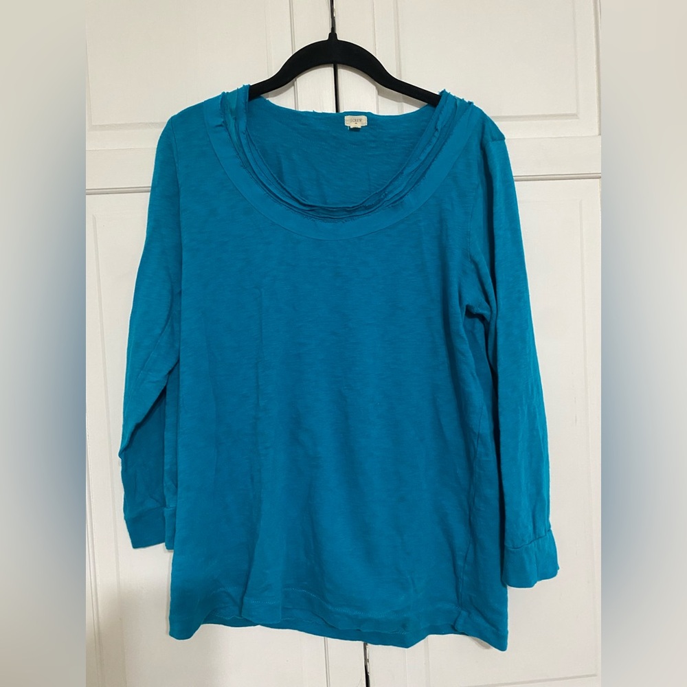 J Crew Long Sleeve Top with Turquoise Silk Ribbon Neck detailing